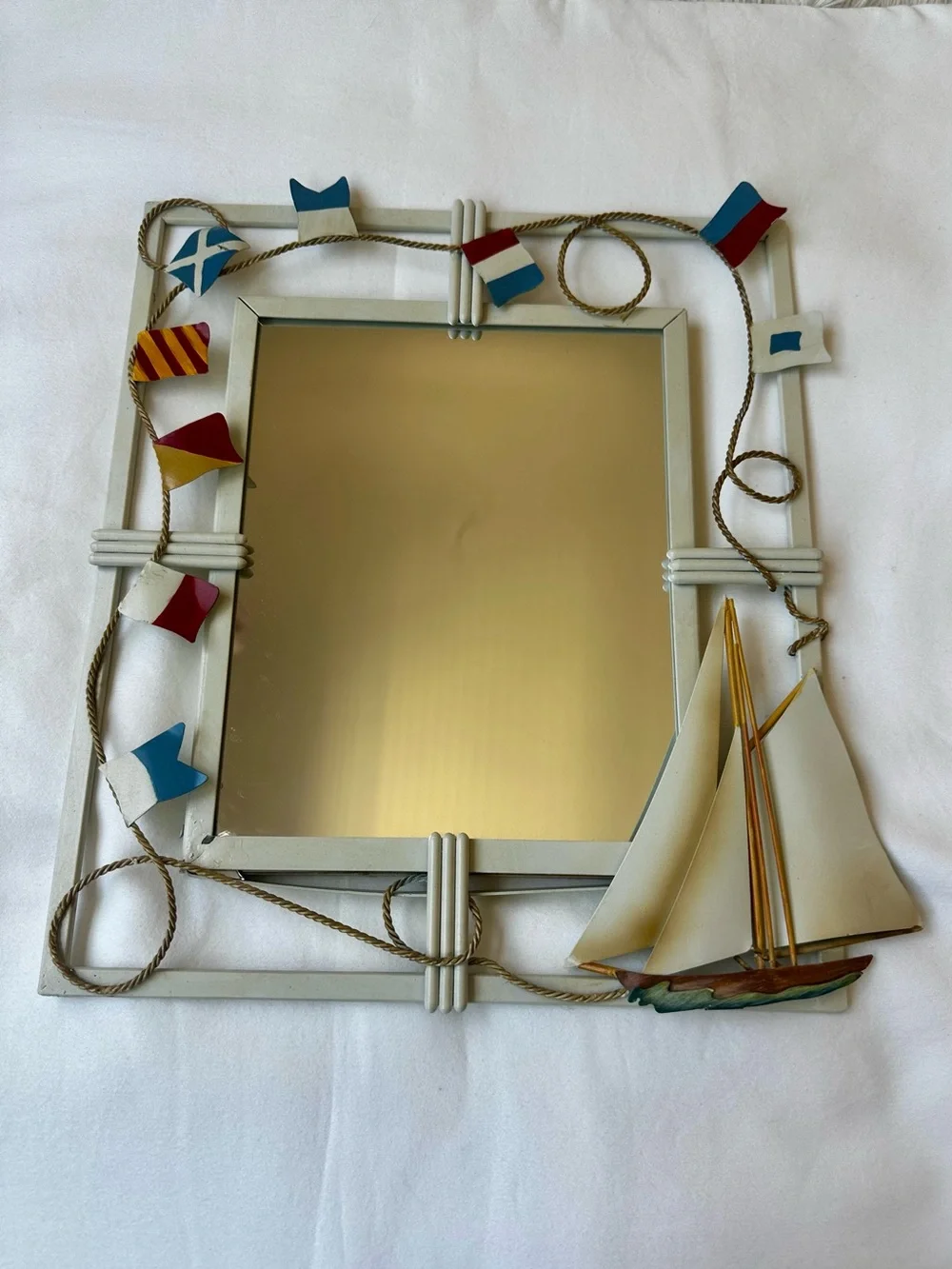 Nautical Sailboat Wall Mirror Coastal Beach House Decor Signal Flags Rope 13”